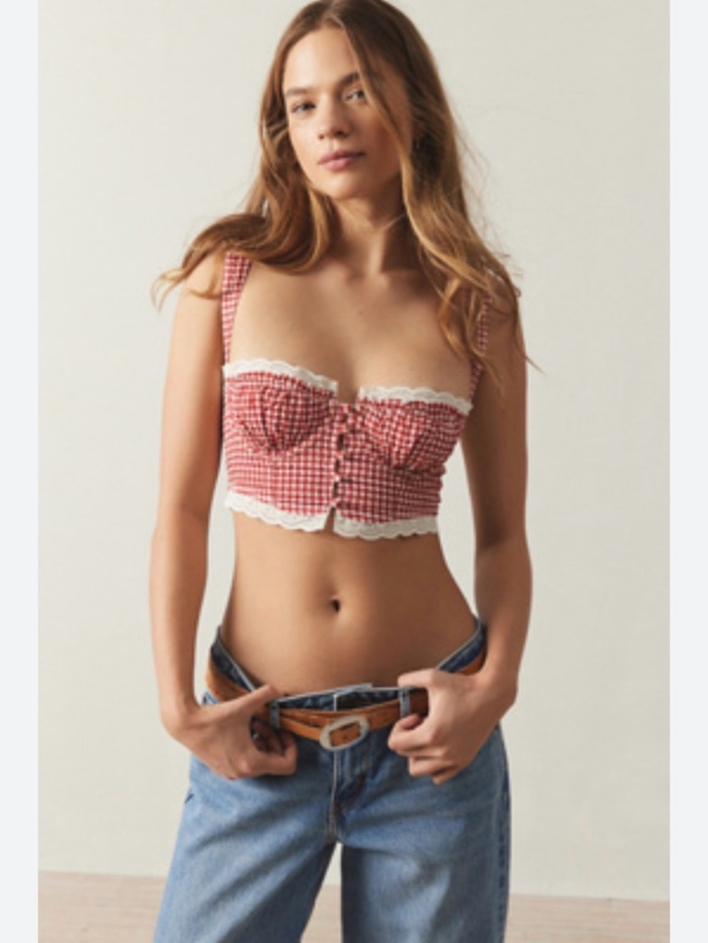 Urban Outfitters Red and White Gingham Eyelet-Trim Crop Top